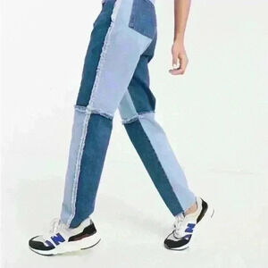 Ragged Jeans Patchwork Quarter Panel Mom Indigo Blue 100% Cotton Denim Sz 26